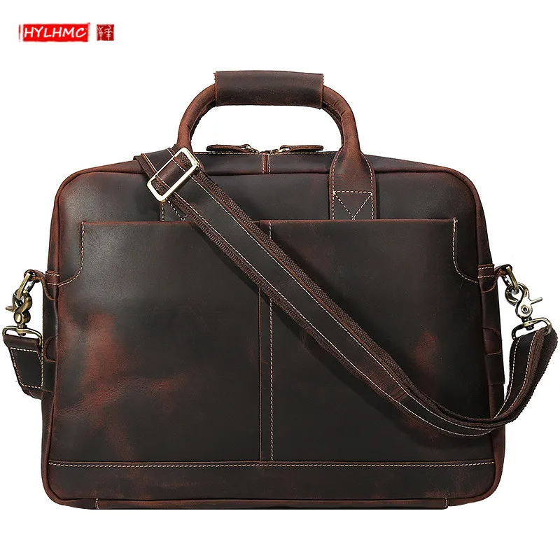 

Retro Genuine leather business Men's briefcase large capacity Handbags 16 inch laptop bag Portable shoudler messenger Bags