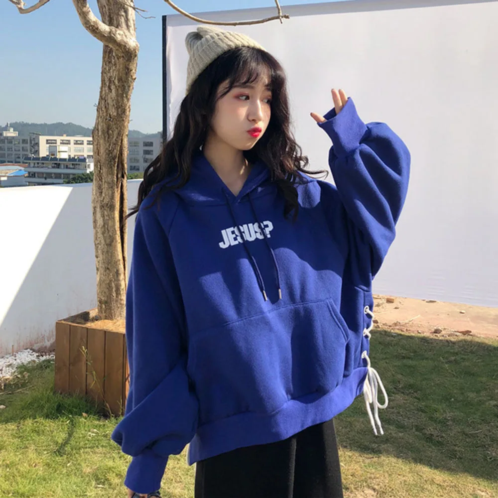 

Autumn Winter Korean Harajuku College Style Loose Plus Velvet Thick Fashionchic Bandage Hooded Sweater Girl Student Pullover