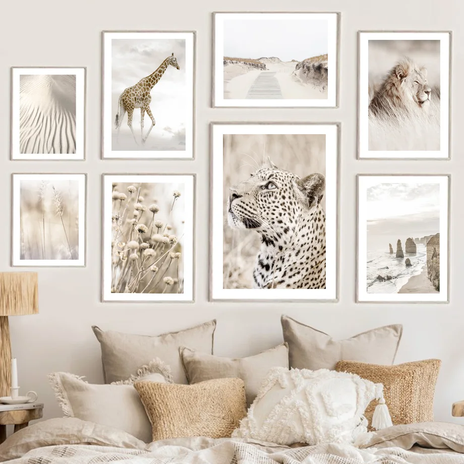 

Beige Lion Giraffe Leopard Dandelion Reed Sand Wall Art Canvas Nordic Posters And Prints Decor Pictures For Living RoomPainting