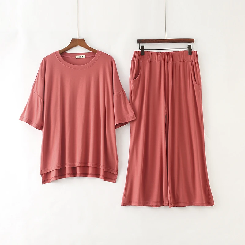 

#0813 женские пижамные комплекты, топ с коротким рукавом и широкие штаны, свободная одежда для сна, Женская Повседневная хлопковая Домашняя од...