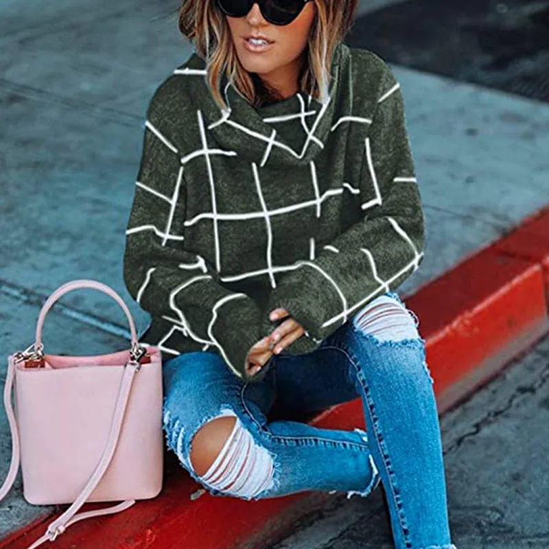 Женский пуловер свитер водолазка в клетку с длинным рукавом Свободные