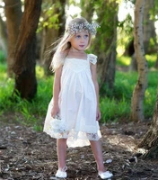 boho flower girls dress ivory lace knee length criss cross back square neck country kids wedding party vestidos communion gown