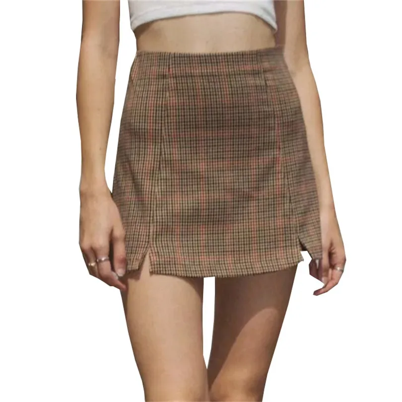 

LJCUIYAO Vintage Plaid Mini Skirt High Waist Fashion Office Ladies Club Party Casual Split Zipper A-Line Checks Miniskirt 2020