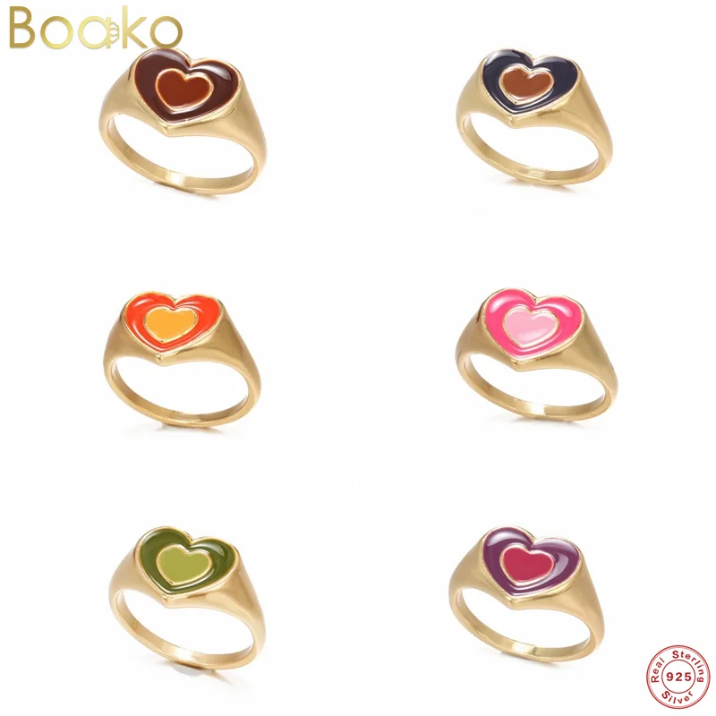 

BOAKO New Ins Creative Simple Colorful Double Layer Love Heart Enamel Ring Vintage Heart Rings For Women Girls Fashion Jewelry
