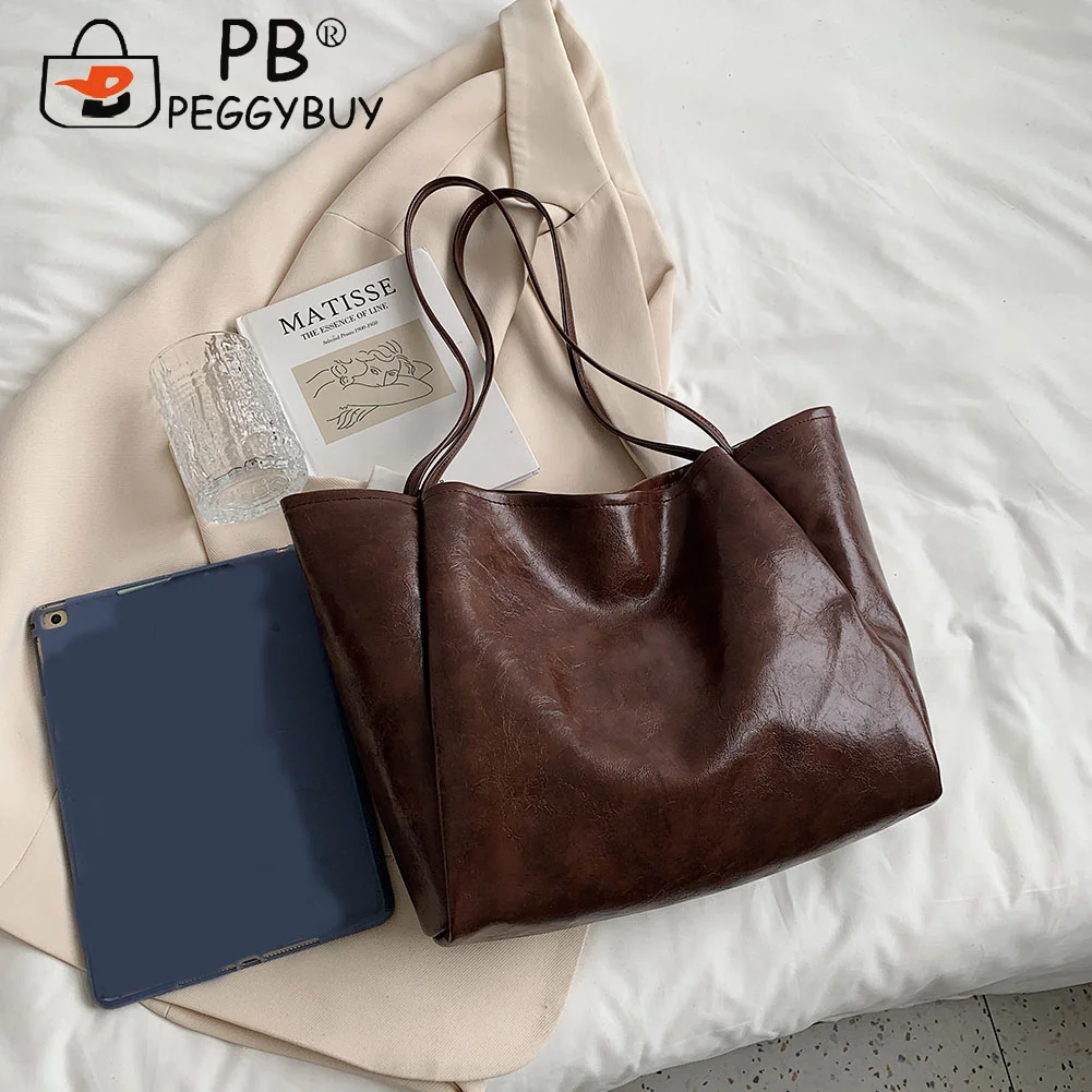 

Vintage Pure Color Shoulder Underarm Tote Bag Women Casual All-match Hasp Soft PU Leather Large Capacity Shopping Handbags