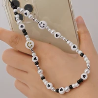Creativity Acrylic Letter Imitation Pearl Mobile Phone Lanyard Black Round Beads Cell Phone Chain Accessories for Women Jewelry