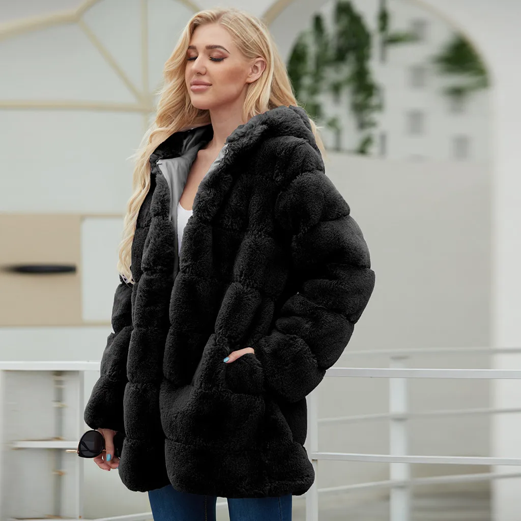 CHAMSGEND, Женское пальто из искусственного меха, с капюшоном, с воротником, с длинным рукавом, осень, зима, теплая куртка, верхняя одежда для женщин, мохнатое пальто, верхняя одежда