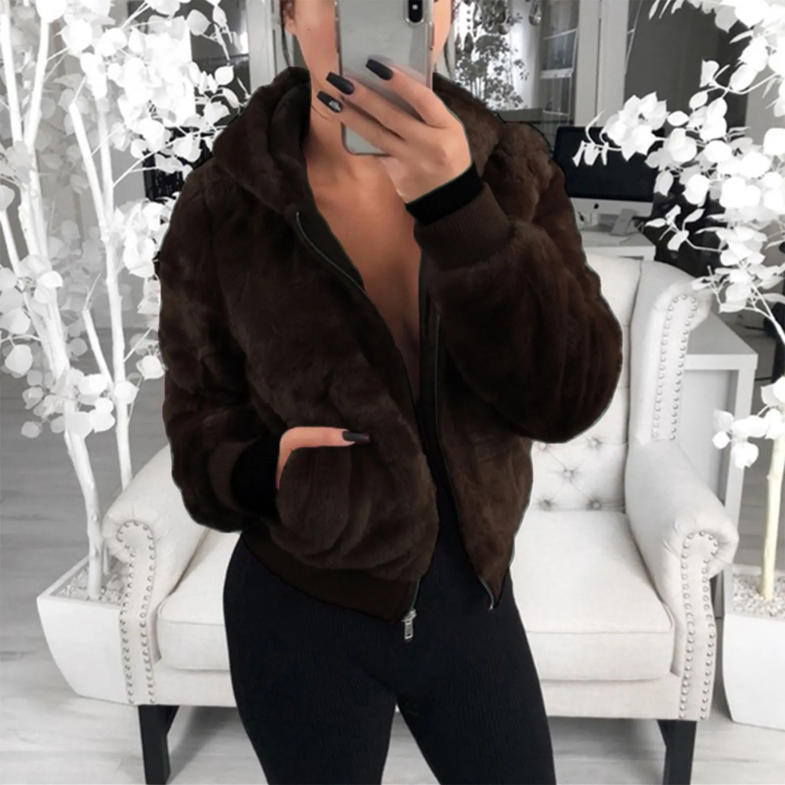 Women's Casual Faux Fur Hoodie Coat Autumn Winter Warm Solid Jacket Outwear 2021 Fashion Female Pockets Zipper Jacket Tops