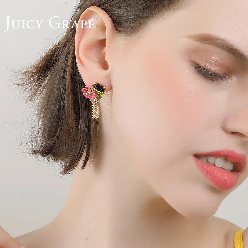 Juicy Grape Hand-painted Enamel Glaze Black Zircon Jewelry Pink Flower Stud Earrings Fashion Jewelrys | Украшения и аксессуары