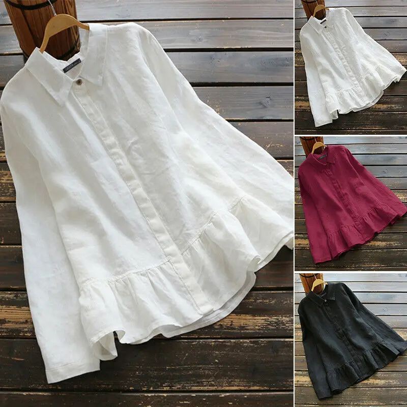 

Women's Vintage Casual Shirt Tops Buttons Down Pleated Hem Lapel Blouse