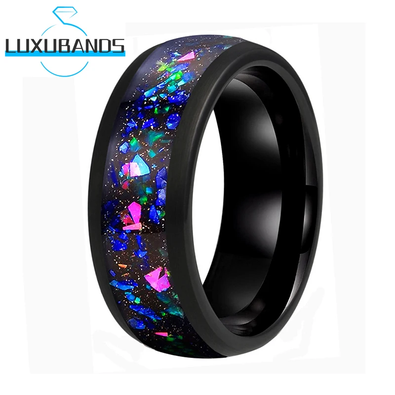 

Womens Mens Wedding Rings 8MM Black Multicolor Opal Chip Inlay Engagement Domed Bands Brushed Finished Comfort Fit