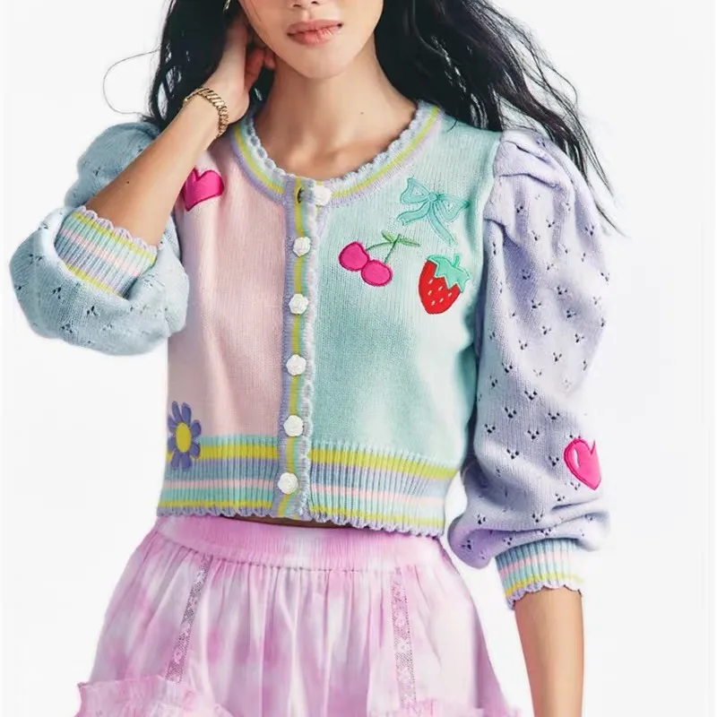 

Женский кардиган с вышивкой и милым рисунком, свитер, Женская однобортная укороченная верхняя одежда с длинным рукавом, рождественские Топ...