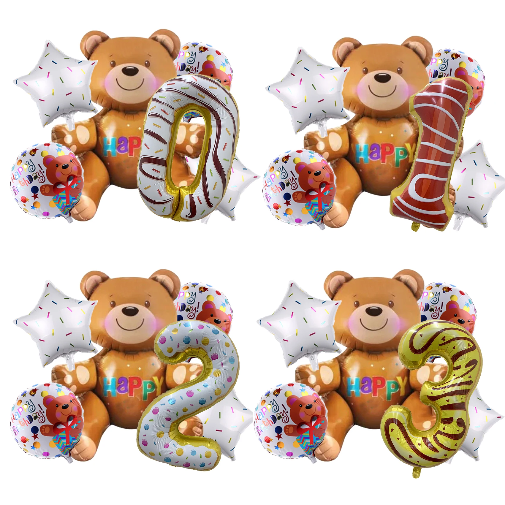 3D Brown Assembly Foil Birthday Bear Balloons with 32inch Doughnut Number Helium Balloon Baby Shower Birthday Party Decorations