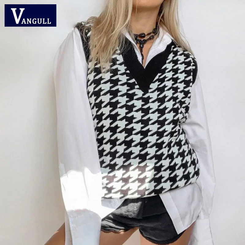 

Черно-белый клетчатый свитер Vangull, жилет, Женские Повседневные вязаные пуловеры, Женский Осенний жилет в Корейском стиле, свободный свитер, ...