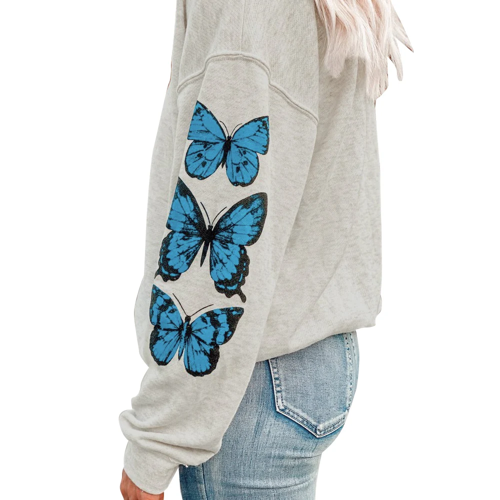 

Fashion Autumn Women Sweatshirt Loose Round Neck Long Sleeve Pullover Butterfly Print Hoodies Casual Feamle Clothing Streetwear