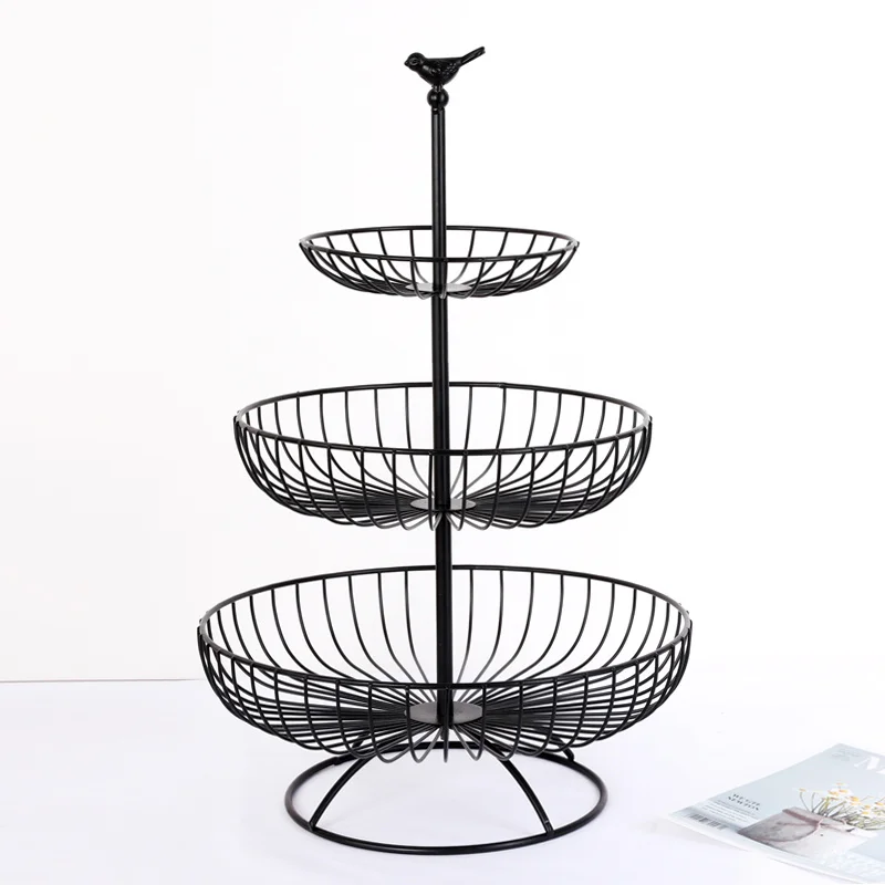 

Household 3 levels fruit plate countertop black metal fruit basket Vintage Style tray support storage basket WJ727