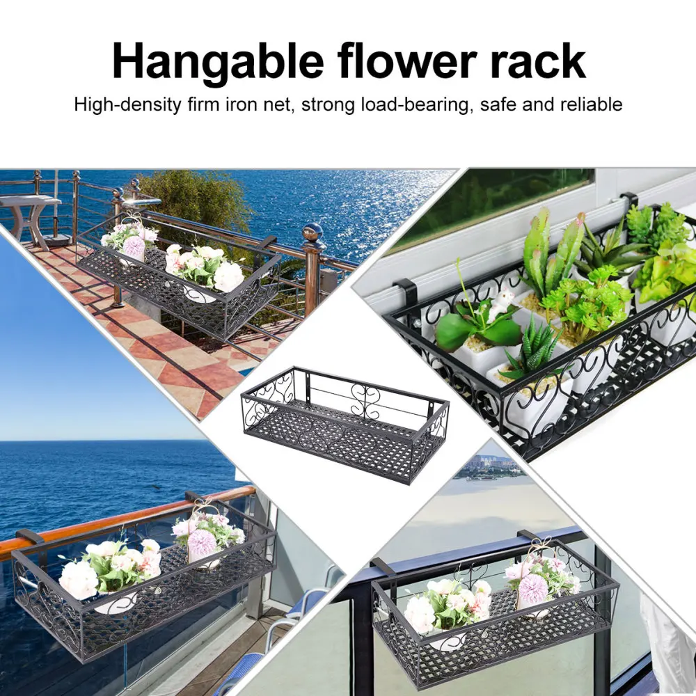 

1pc Balcony Hanging Guardrail Flower Stand Plant Succulent Railing Flower Pot Planting Shelf (Black)