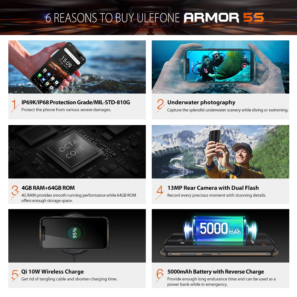 Ulefone Armor 5S IP68 водонепроницаемый смартфон с глобальной панелью 4G 5 85 '' 4 Гб + 64 ГБ