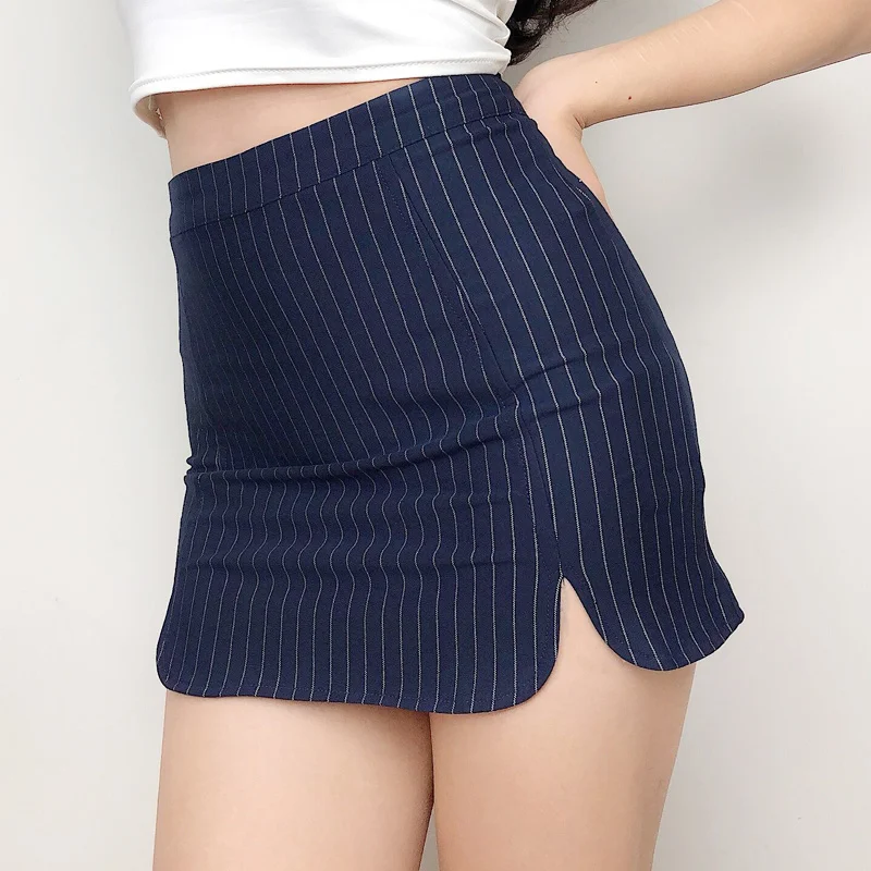 

Women Striped Mini Skirt with Double Split A156