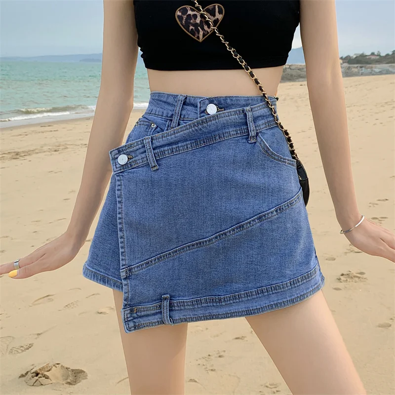 

AOSSVIAO Women Denim Shorts Hippie Button Adjust High Waist Short Harajuku Bermuda Wide Legs 2021 New Summer Cotton Jean Shorts