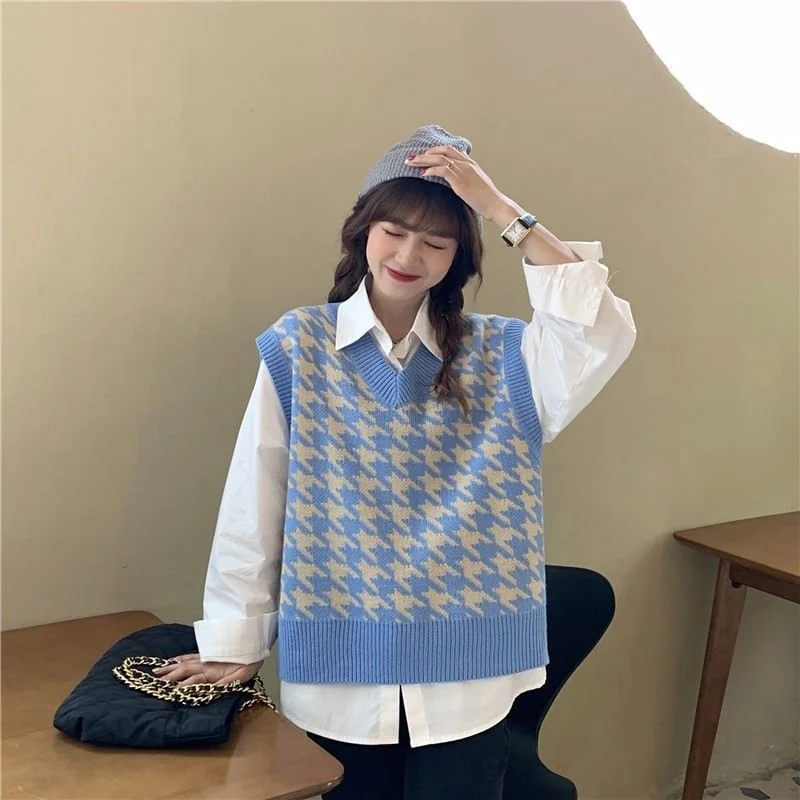 

Knitted vest women's autumn and winter new Korean college style loose shoulder Pullover V-neck sleeveless sweater