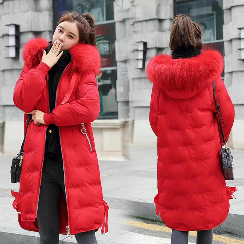 Winter Parkas 2019 new elegant embroidery letter hooded thick long women's fur collar jacket winter snow degree jackets coat