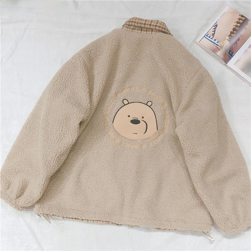 

Winter Clothes Women 2020 Plaid Coat Woman Embroidery Bear Thicked Outwear Wear on Both Sides Lamb Wool Jacket
