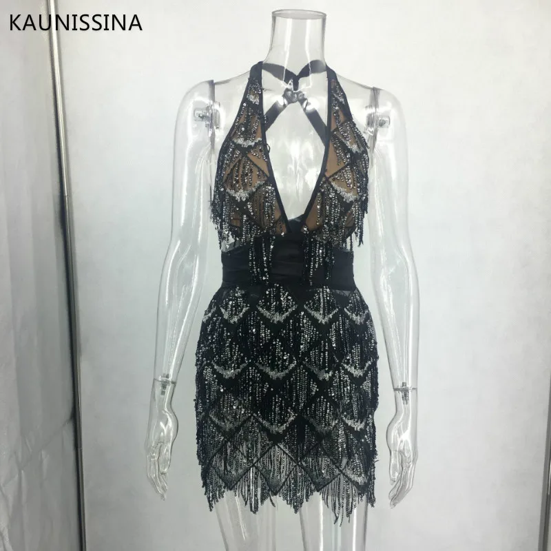 KAUNISSINA Блестками Bodycon Коктейльные мини платья Глубокий v образный вырез спинки