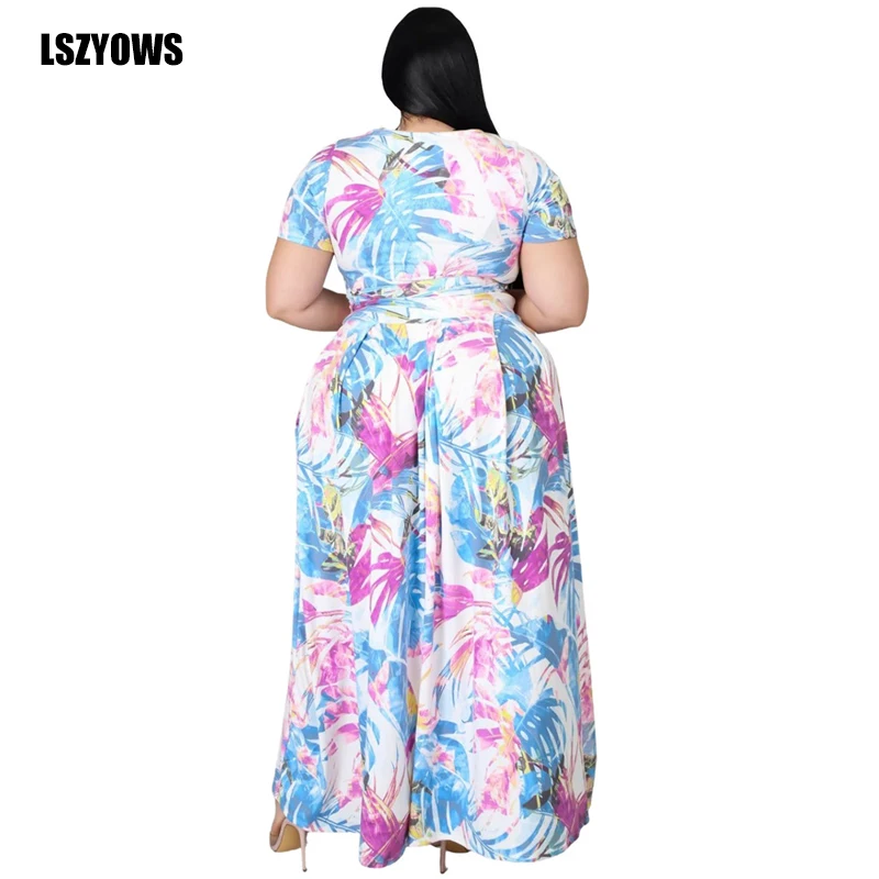

Vintage Printed Two Piece Sets Women Summer Bandage T Shirts High Waist Maxi Skirt Casual Party Outfits Plus Size Female Clothes