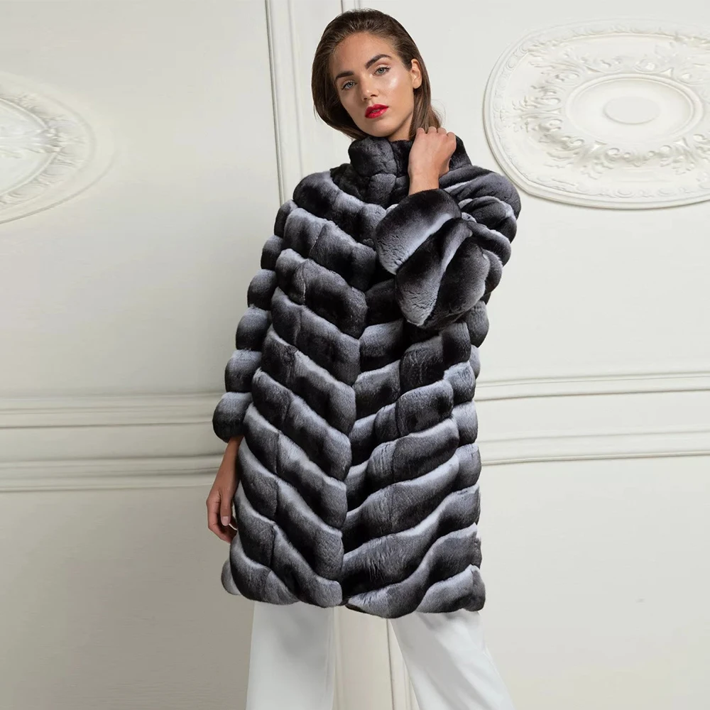 

Women Fashion Real Rex Rabbit Fur Coat Stand Collar Medium Length Whole Skin Genuine Rex Rabbit Fur Jacket Natural Fur Overcoats