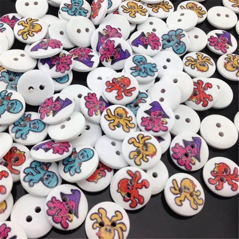 

50pcs 15mm White Print Octopus Wood Buttons Clothing Sewing Tool WB160