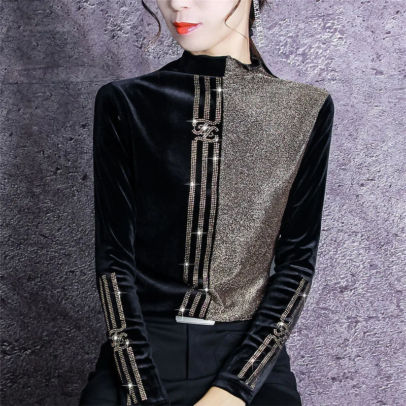 Blouses Women's Plus Size Blusas 2021 Spring Cotton Pleuche Diamonds Splicing Stand Collar Long Sleeves Shirts Casual Tops Woman