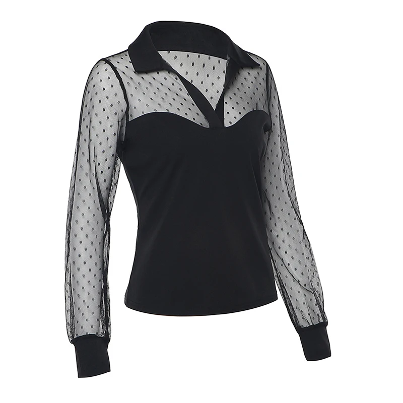Лидер продаж модная женская черная сетчатая блузка в горошек с