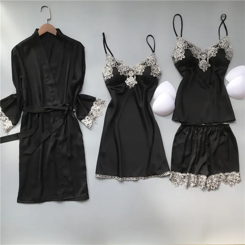 

Sexy Embroidery Lace Trim Stain Women Pajamas Spring Nightwear Faux Silk Dressing Gown Robe Sleepwear With Chest Pads Homewear
