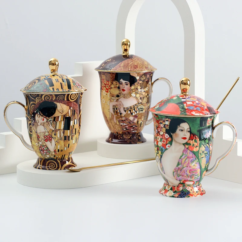 

Coffee Mug with Lid and Spoon Bone China Antient Klimt Painting Tea Cups with Lid Luxury Gift