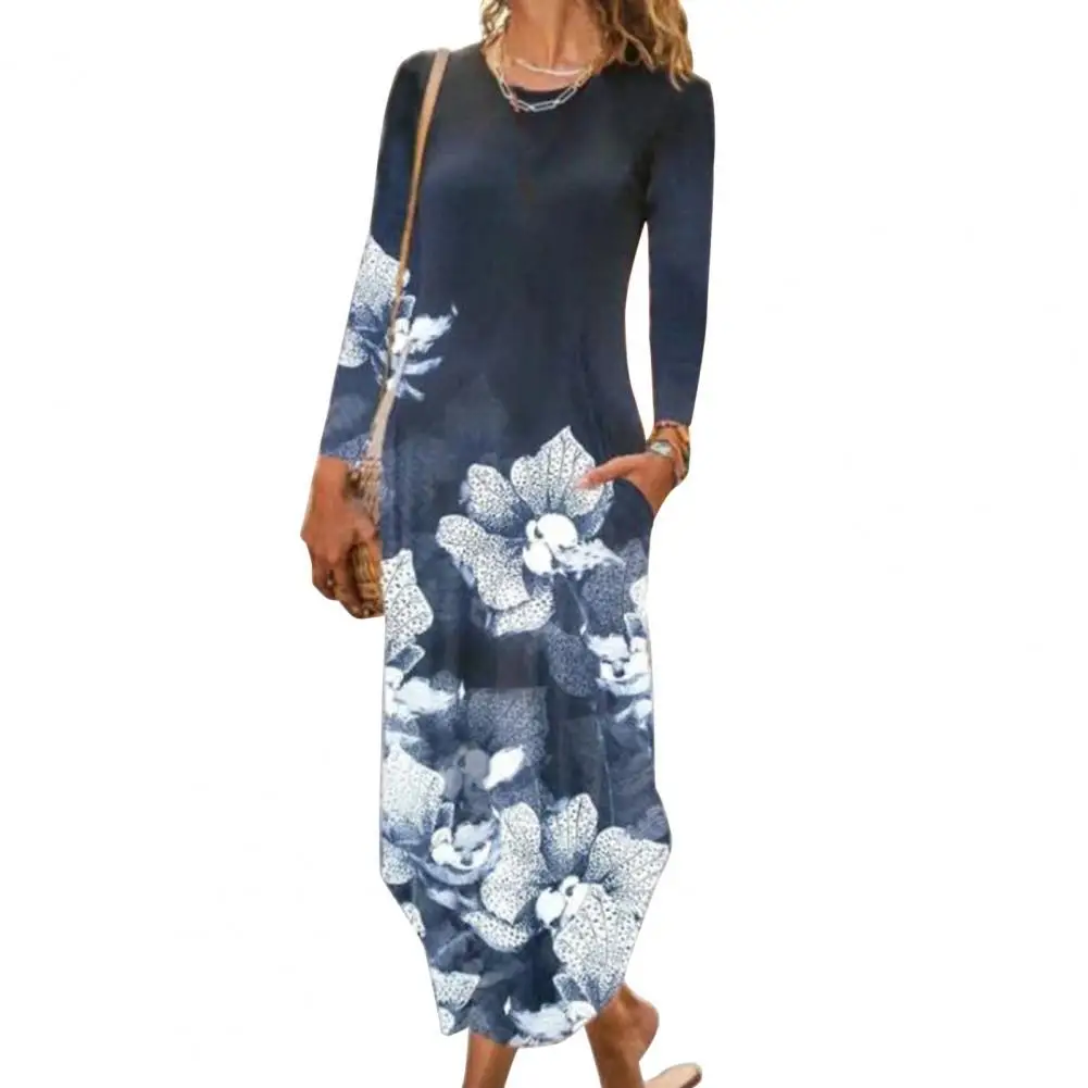 

Women Vintage Elegant Dresses Boho Print Color Block Dresses Long Sleeve Round Neck Ethnic Print Polyester Autumn Maxi Dress