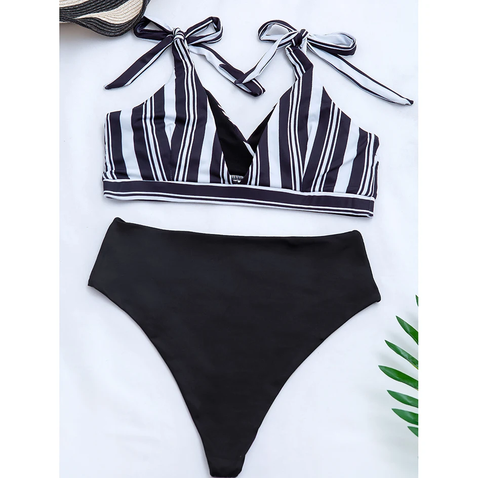 Бикини с высокой талией 2020 сексуальный полосатый купальник женский комплект