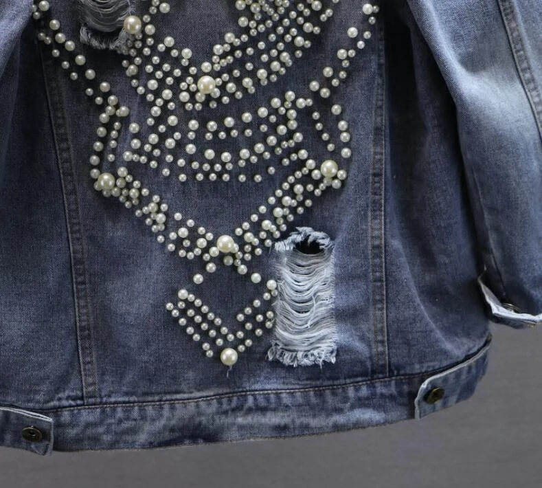 

2020 Spring and Autumn Women's Pearl Bead Holes Denim Jacket Student Female Loose Blue Jeans Coat Plus Size Outwear