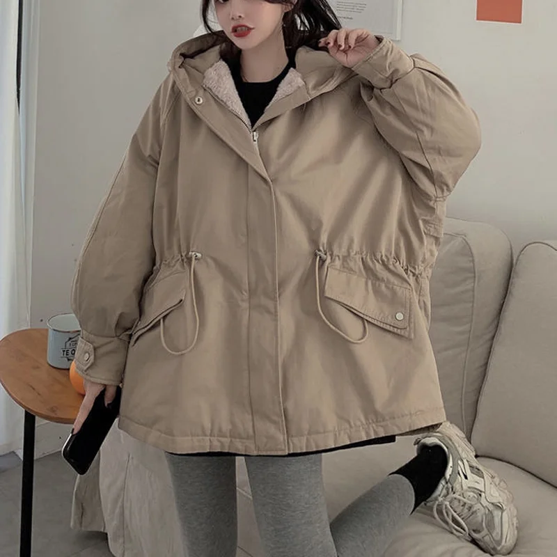 

Parkas Womens Winter Plus Velvet Thicken Loose Hooded Pleated Warm Outwear BF All-match Korean Style Simple Fashion Coats New