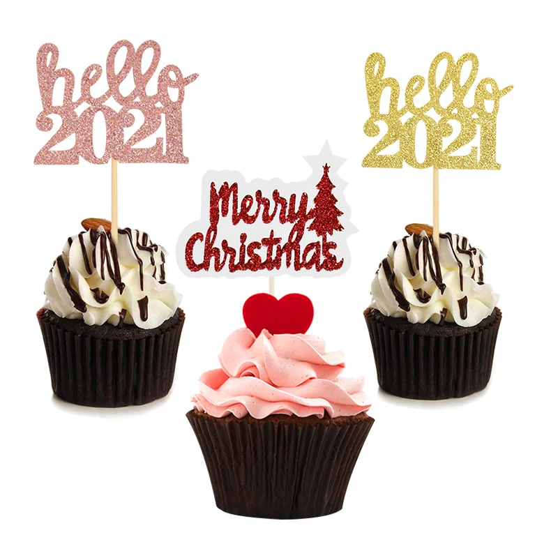 

12pcs/lot Happy 2021 New Year Cake Topper Glitter Paper Merry Christmas Cupcake Flag Xmas New Year Party Cake Decoration