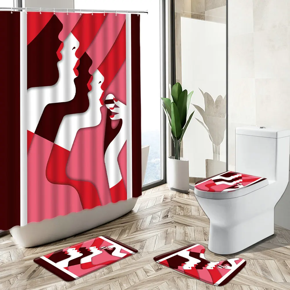 

Fashion Red Lips Woman Shower Curtain European Abstract Art Girl Bathroom Decor Non-Slip Carpet Toilet Cover Bath Floor Mat Set