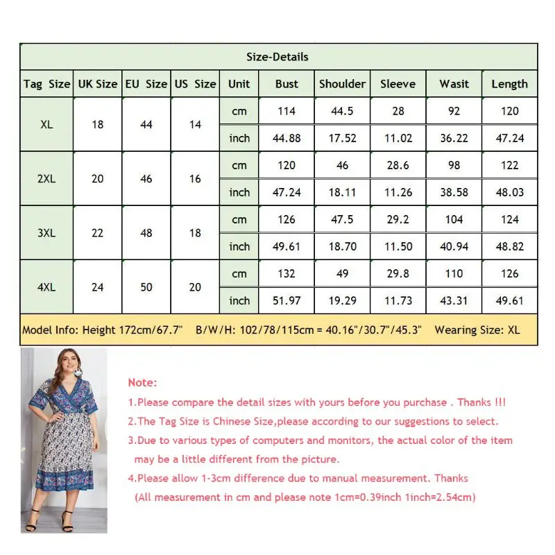 

Plus Size Women Holiday BOHO V Neck Short Sleeve Floral Print Beach Midi Dress H05D