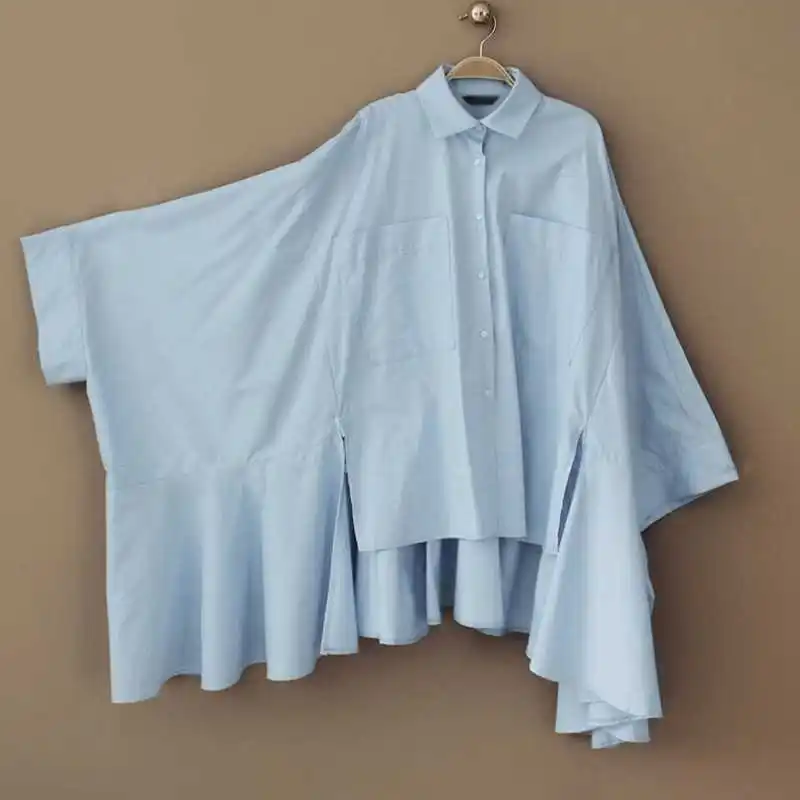 CHICEVER Striped Women Tops And Blouses Lapel Batwing Sleeve Loose Asymmetric Hem Ruffles Women's Shirts Korean Fashion Clothing | Женская