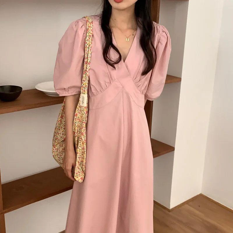 

2021 French temperament solid color V-neck high waist slim slimming puff sleeve dress three colors dresses for women