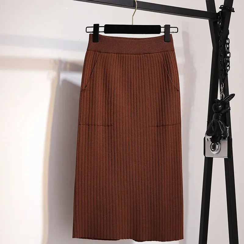 Винтажный зимний женский толстый свитер юбка эластичная высокая талия