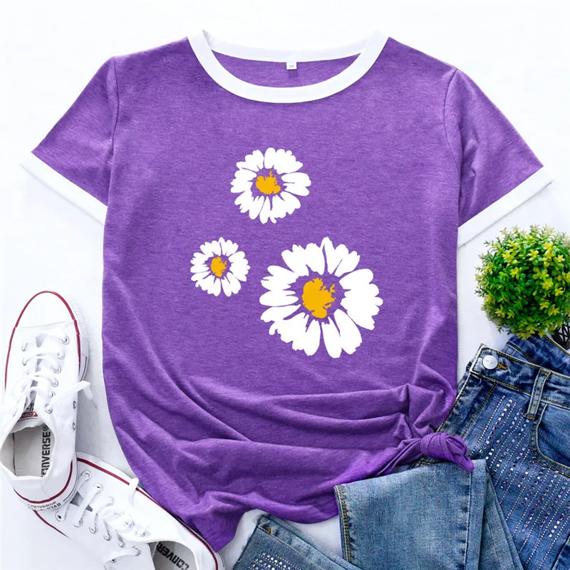 

Daisy Print T Shirts Women White Patchwork Short Sleeve Summer Flower Tshirt Cute Graphic Tees Casual Female Harajuku Tops