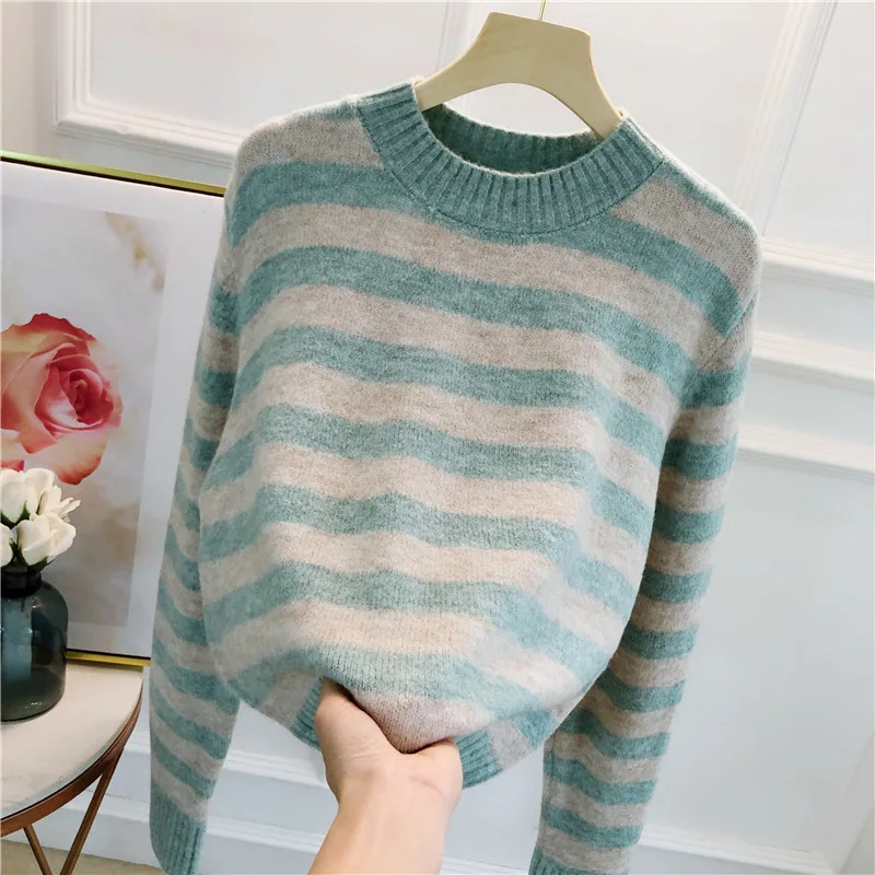 Свитер женский осенне-зимний в полоску с длинным рукавом круглым вырезом 4 цвета -