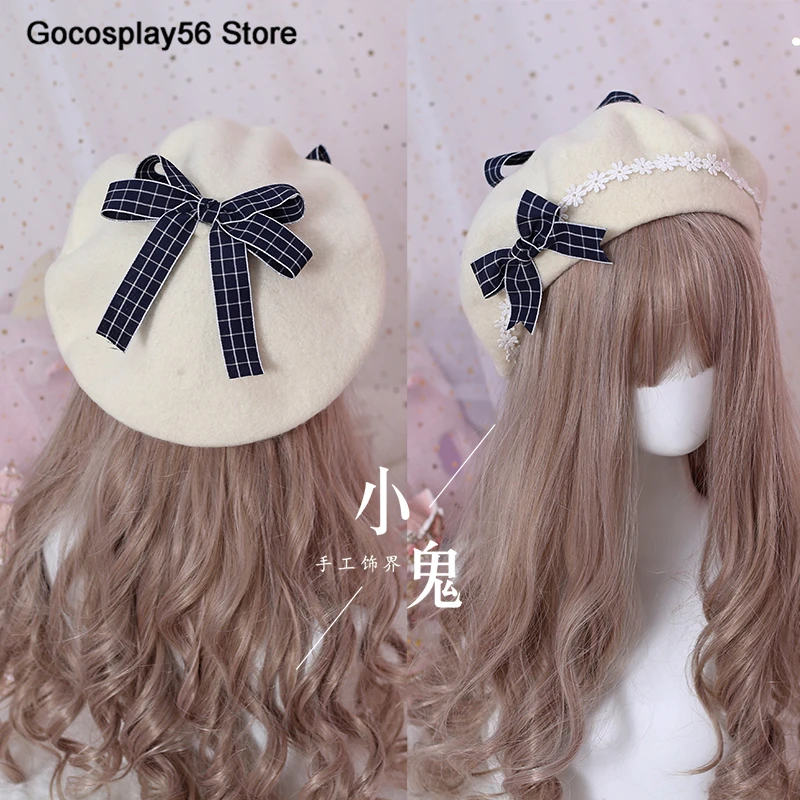 Beige and Navy 9 цветов береты Лолиты полушерстяная шапка для женщин и девочек с бантом в клетку в матросском стиле консервативный шик студенческие цветы кепки для взрослых - Цвет: Beige and Navy