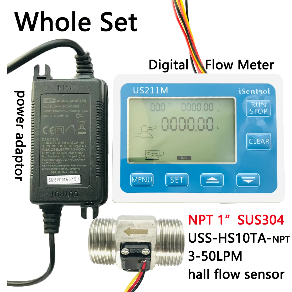 

US211M Digital Water Flow Meter & SUS304 Stainless Steel NPT 1" USS-HS10TA 3-50L/min Hall Water Flow Sensor Reader Dijiang iSent