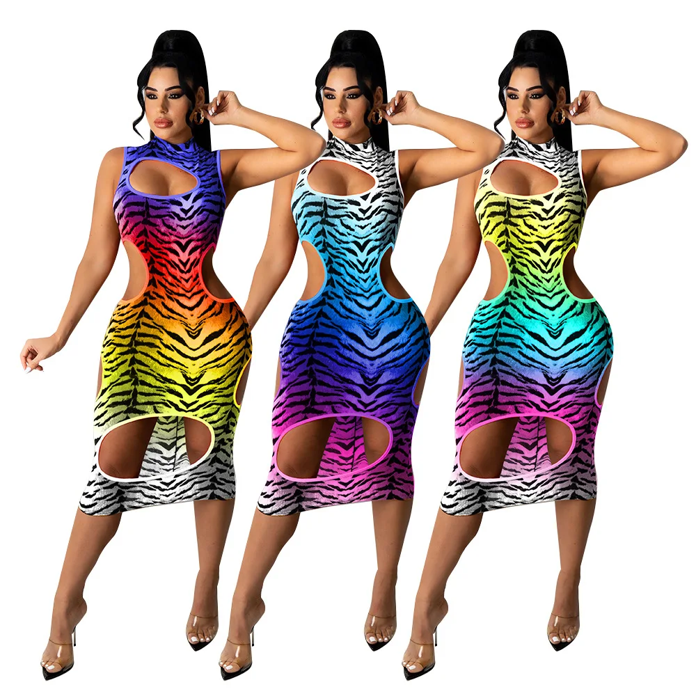 

Women's Hole Pencil Skirt 2021 Fashion Sexy Summer New Mid-length Skirt Sleeveless Round Neck Gradient Leopard Print Dress